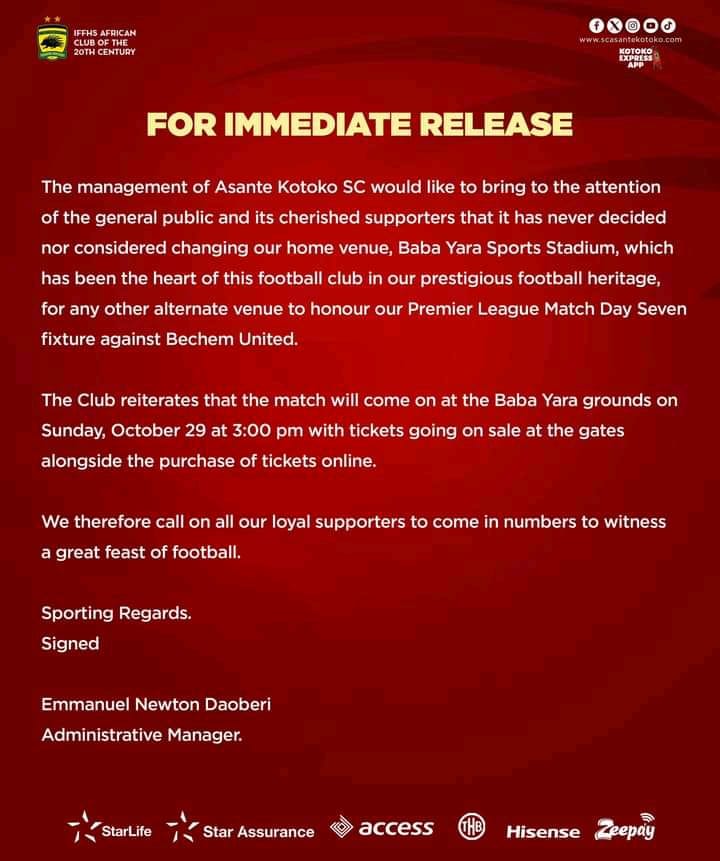 Asante Kotoko Denies Changing of Home Match Venue