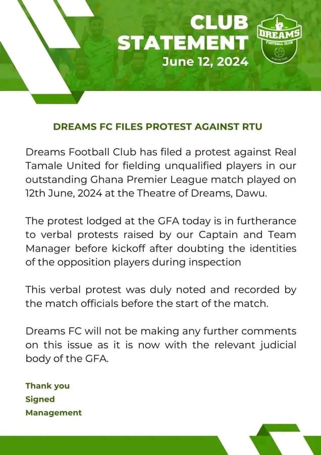 Dreams FC files protest against RTU for fielding unregistered players